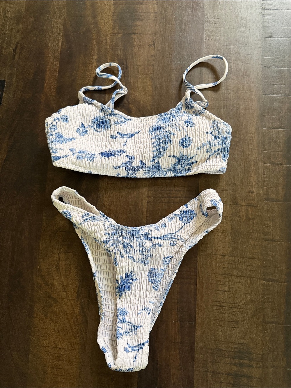 Textured White & Blue Floral Bikini Set